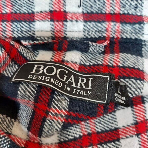 Bogari Mens Large Red Plaid Pocket Long Sleeve Button Flannel Made in Italy - Picture 4 of 4